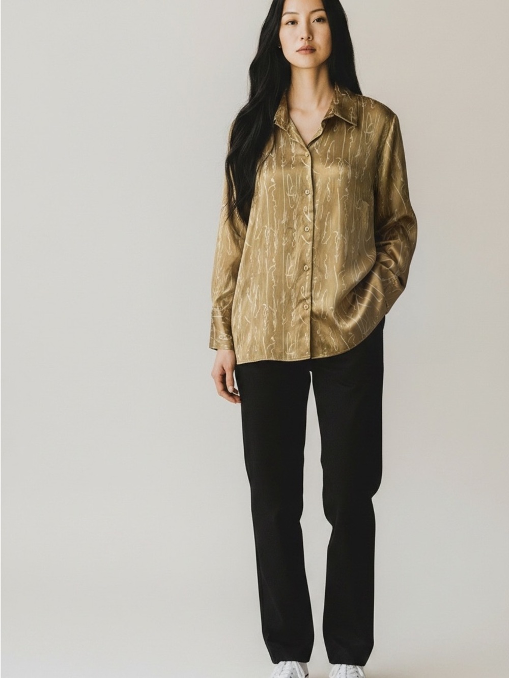 Ashley Stewart Vintage Top 14W Gold Satin Abstract Button-Up Shirt